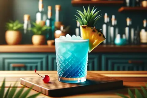 Orzeźwiający drink Blue Hawaii z ananasem i wisienką, idealny na tropikalny wieczór.