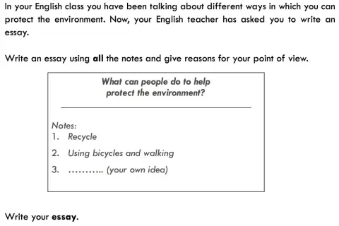 Instrucciones para escribir un ensayo sobre cómo proteger el medio ambiente, con notas sobre reciclar y usar bicicletas.
