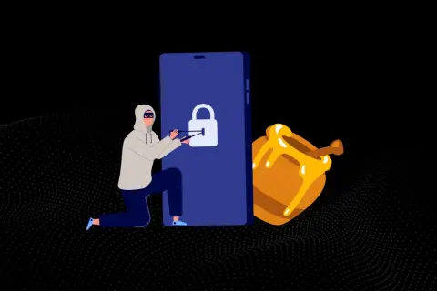 Haker próbuje włamać się do telefonu, który jest jak pułapka, obok stoi słoik z miodem, czyli honeypot.