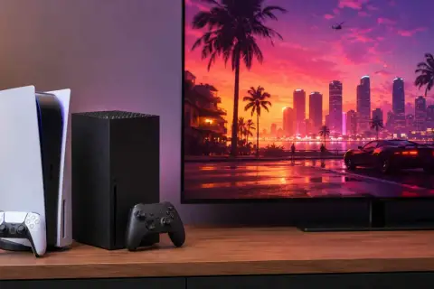 Konsola PS5 i Xbox Series X obok telewizora z widokiem na miasto i samochód, jak z gry GTA 6.