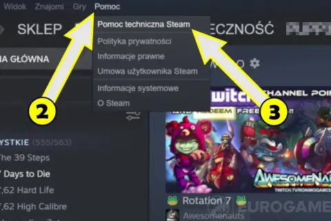 Szukasz informacji, kiedy możesz zwrócić grę na Steam? Kliknij "Pomoc", a następnie "Pomoc techniczna Steam".