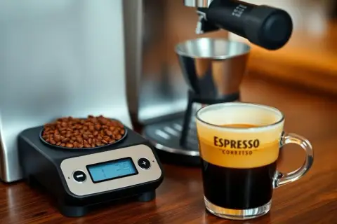 Waga pokazuje 18g ziaren kawy, idealna ilość na filiżankę espresso. Obok stoi szklanka z aromatycznym napojem.
