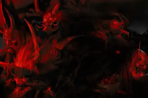 Mroczne, demoniczne maski w czerwonym świetle. Klimat niczym z Ghost of Tsushima tryb legend.