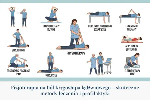 Ilustracje pokazują różne metody fizjoterapii, w tym ćwiczenia i zabiegi, pomocne po urazie kręgosłupa lędźwiowego po upadku.