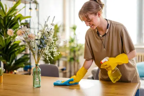 Joven sonríe mientras aprende como limpiar el polvo de los muebles con spray y paño azul.