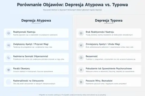 Porównanie objawów depresji atypowej i typowej: reaktywność nastroju, apetyt, senność, paraliż, nadwrażliwość na odrzucenie.