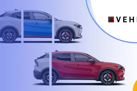 Dwa samochody w różnych kolorach, biały i niebieski u góry, biały i czerwony na dole. Logo VEHIS. Sprawdź vehis opinie.