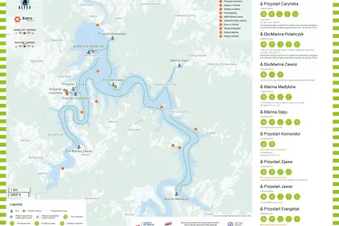 Mapa Bieszczad z zaznaczonym jeziorem Solińskim i portami żeglarskimi, takimi jak Przystań Caryńska i EkoMarina Polańczyk.