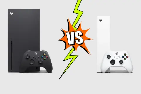Czarny Xbox Series X i biały Xbox Series S obok siebie, z grafiką VS pośrodku. Który wybierzesz?
