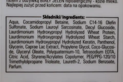 Składniki: Aqua, Cocamidopropyl Betaine, Sodium C14-16 Olefin Sulfonate, Sodium Lauroyl Sarcosinate, Decyl Glucoside, proteiny pszenicy, pantenol, gliceryna, mleko kozie.