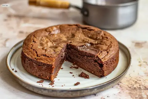 En saftig kladdkaka med choklad, perfekt för en mysig fikastund. En bit är redan uppskuren och visar den härliga chokladkärnan.