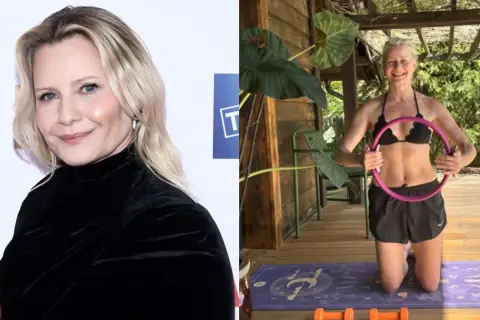 Małgorzata Kożuchowska wiek nie przeszkadza w aktywności fizycznej. Aktorka ćwiczy z hula-hop na tarasie.