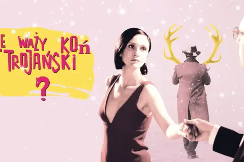 Grafika z napisem "Ile waży koń trojański?" i postaciami z filmu.