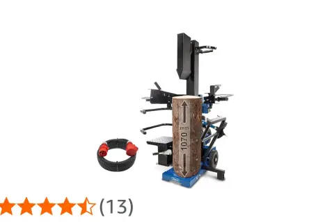 Leistungsstarker holzspalter 15 tonnen mit einem Holzstamm, der für die Spaltung bereit ist. Kabel und Stecker liegen daneben.