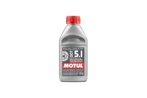 Motul DOT 5.1 brake fluid bottle. This non-silicone fluid is not to be mixed with DOT 5.