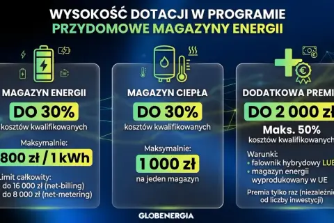 Dofinansowanie do fotowoltaiki: magazyn energii do 30%, magazyn ciepła do 30%, premia do 2000 zł.