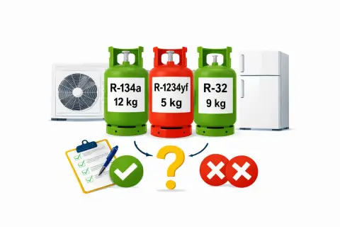 Trzy butle z czynnikiem klimatyzacji: R-134a, R-1234yf i R-32. Obok klimatyzator i lodówka. Pytajnik i symbole wyboru.
