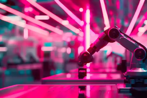 Roboterarm greift nach einem Bauteil, umgeben von leuchtenden Neonlichtern. KI am Rande der Zukunft, bereit für neue Aufgaben.