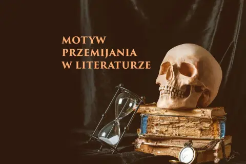 Czas płynie nieubłaganie, jak piasek w klepsydrze. Czaszka na stosie starych ksiąg i kieszonkowy zegarek symbolizują motyw przemijania w literaturze.