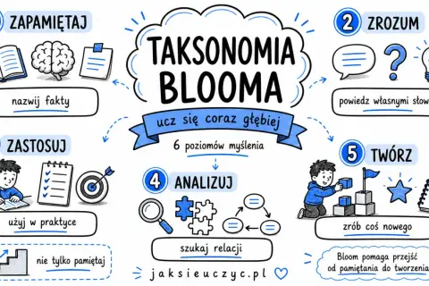 Ilustracja przedstawia taksonomię Blooma, sześć poziomów myślenia: zapamiętaj, zrozum, zastosuj, analizuj, twórz.