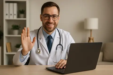 Lekarz w białym kitlu wita pacjenta podczas teleporady. Uśmiecha się, machając ręką, a przed nim leży laptop.
