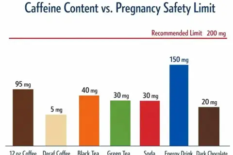 Wykres pokazuje zawartość kofeiny w napojach. Kawa w ciąży może być problemem, bo 12 oz kawy ma 95 mg, a limit to 200 mg.