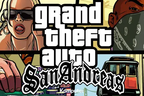 Kobieta w okularach, mężczyzna w bandanie, ręka z pierścionkiem i tramwaj. To wszystko w stylu GTA San Andreas, gdzie można użyć kodu aezakmi.