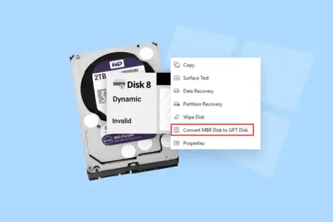 Jak zainicjować dysk SSD? Kliknij prawym przyciskiem myszy na dysk, wybierz "Konwertuj dysk MBR na dysk GPT".