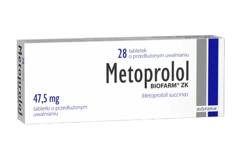 Opakowanie leku Metoprolol 47,5 mg, zawierające 28 tabletek o przedłużonym uwalnianiu.