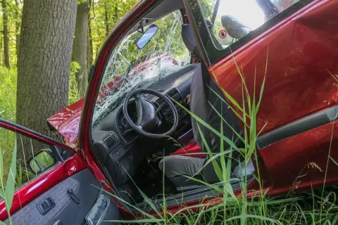 Rozbite auto po zderzeniu z drzewem. Wypadki dzielimy na te, które można było uniknąć, i te, które się zdarzają.