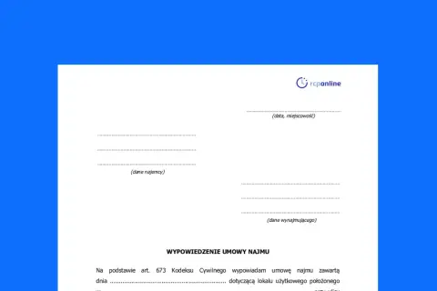 Wypowiedzenie umowy najmu lokalu w Polsce. Dokument zawiera pola na dane najemcy, wynajmującego, datę i miejscowość.