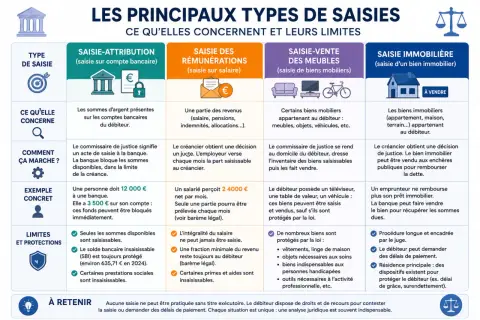 Infographie comparant les types de saisies : attribution, rémunérations, meubles, immobilier. Elle explique la différence entre huissier et société de recouvrement.