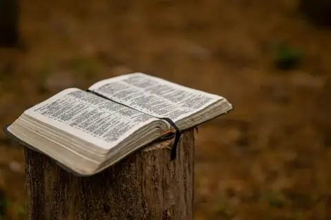 Otwarta Biblia na pniu. Ktoś szuka odpowiedzi, zadając sobie pytanie: Jahwe, kto to?
