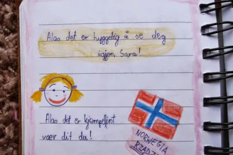 Złote myśli do pamiętnika dla dzieci: rysunek dziewczynki i flagi Norwegii. "Norwegia rządzi!" - pisze mały podróżnik.
