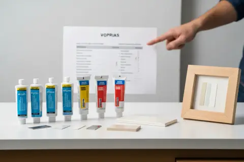 Rzędy tubek z masą akrylową do ścian i próbki płytek. Dłoń wskazuje na dokument z tabelą.