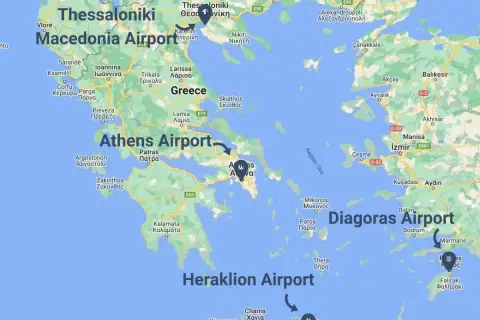Mapa lotniska w Grecji: Macedonia Airport, Athens Airport, Diagoras Airport, Heraklion Airport.