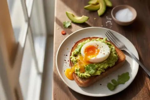 Tartine d'avocat avec un œuf mollet coulant, garnie de coriandre et de flocons de piment. Un délice pour le petit-déjeuner.