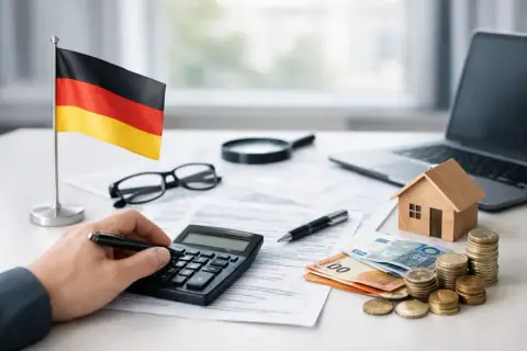Rachunki za dom w Niemczech. Na biurku flaga Niemiec, kalkulator, pieniądze, lupa i model domu. Kierunkowy 49.