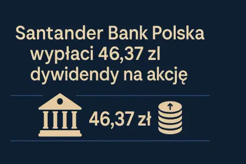 Santander Bank Polska wypłaci 46,37 zł dywidendy na akcję. Symbol banku i stos monet symbolizują zysk z inwestycji w santander akcje.