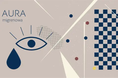 Grafika z napisem "AURA migrenowa", przedstawiająca oko z łzą i geometryczne kształty, symbolizujące wizualne objawy migreny.