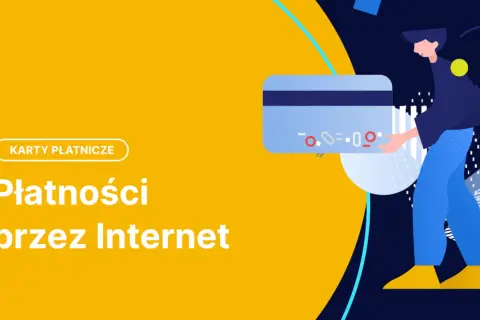 Ilustracja przedstawia płatności przez Internet z użyciem karty wirtualnej. Postać trzyma kartę, symbolizując łatwość transakcji online.