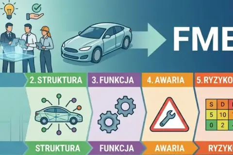 Proces FMEA: planowanie, struktura, funkcja, awaria, ryzyko i wynik. Zespół analizuje dane, by zapobiec problemom.