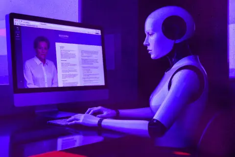 Robot analizuje CV kobiety na ekranie komputera.