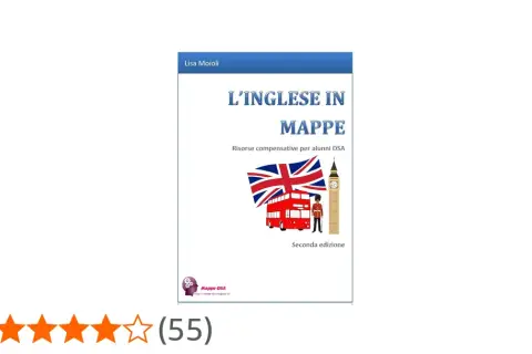 Copertina libro "L'inglese in mappe" per alunni DSA, con autobus rosso, bandiera UK e Big Ben. Risorse utili per chi studia l'inglese.