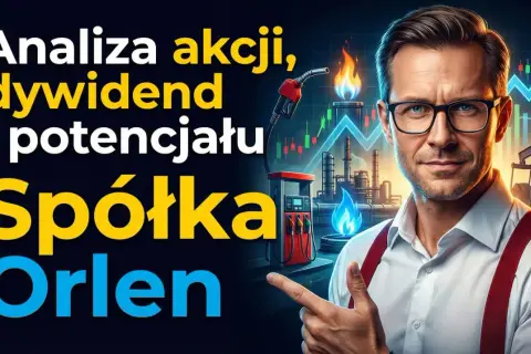 Analiza akcji PKN Orlen: dywidendy i potencjał wzrostu. Mężczyzna w okularach wskazuje na wykresy giełdowe i rafinerię.