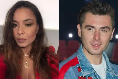 Kamil Bednarek z żoną, piękną kobietą w czerwonej bluzce i z naszyjnikiem.