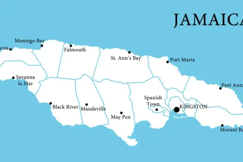 Mapa Jamajki z zaznaczonymi miastami: Kingston, Montego Bay, Falmouth. Poznaj, gdzie leży Jamajka, karaibska wyspa.