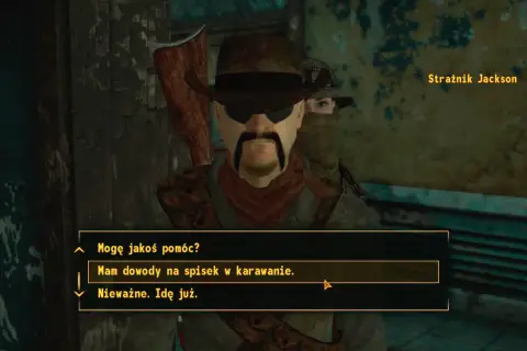 Strażnik Jackson z New Vegas pyta, czy mogę pomóc. W tle widać drugą postać.