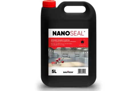 Czarny kanister z preparatem NANOSEAL, impregnatem wgłębnym do betonu. To szkło w płynie do betonu, które chroni powierzchnie.
