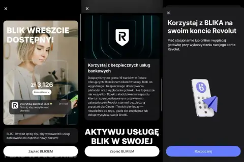 Aplikacja Revolut informuje o dostępności BLIKA, umożliwiając bezpieczne płatności i wypłaty gotówki.